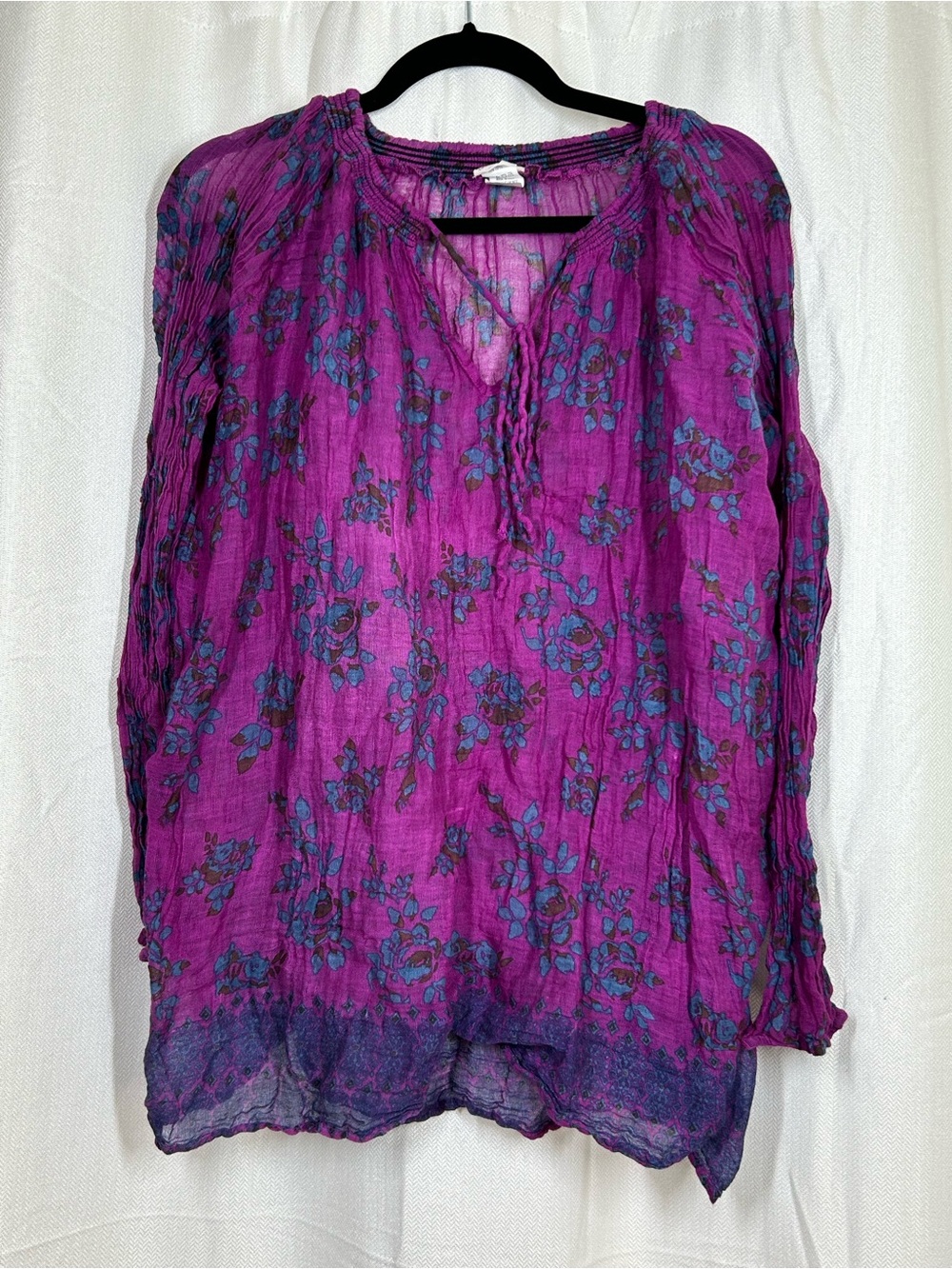 Natural Life Magenta Peasant Top Tie Neck 100% Cotton Sheer Size Large